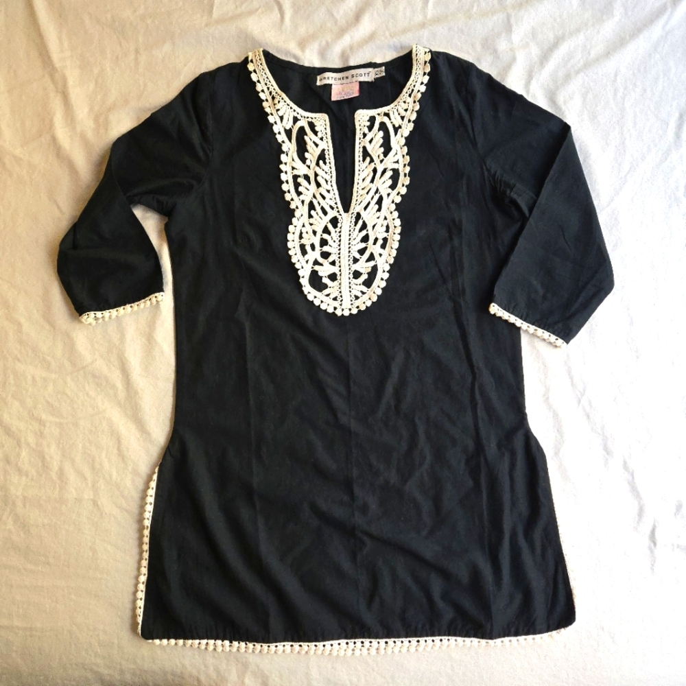 Gretchen Scott Designs XS Black Tunic Embroidered Trim 100% Cotton